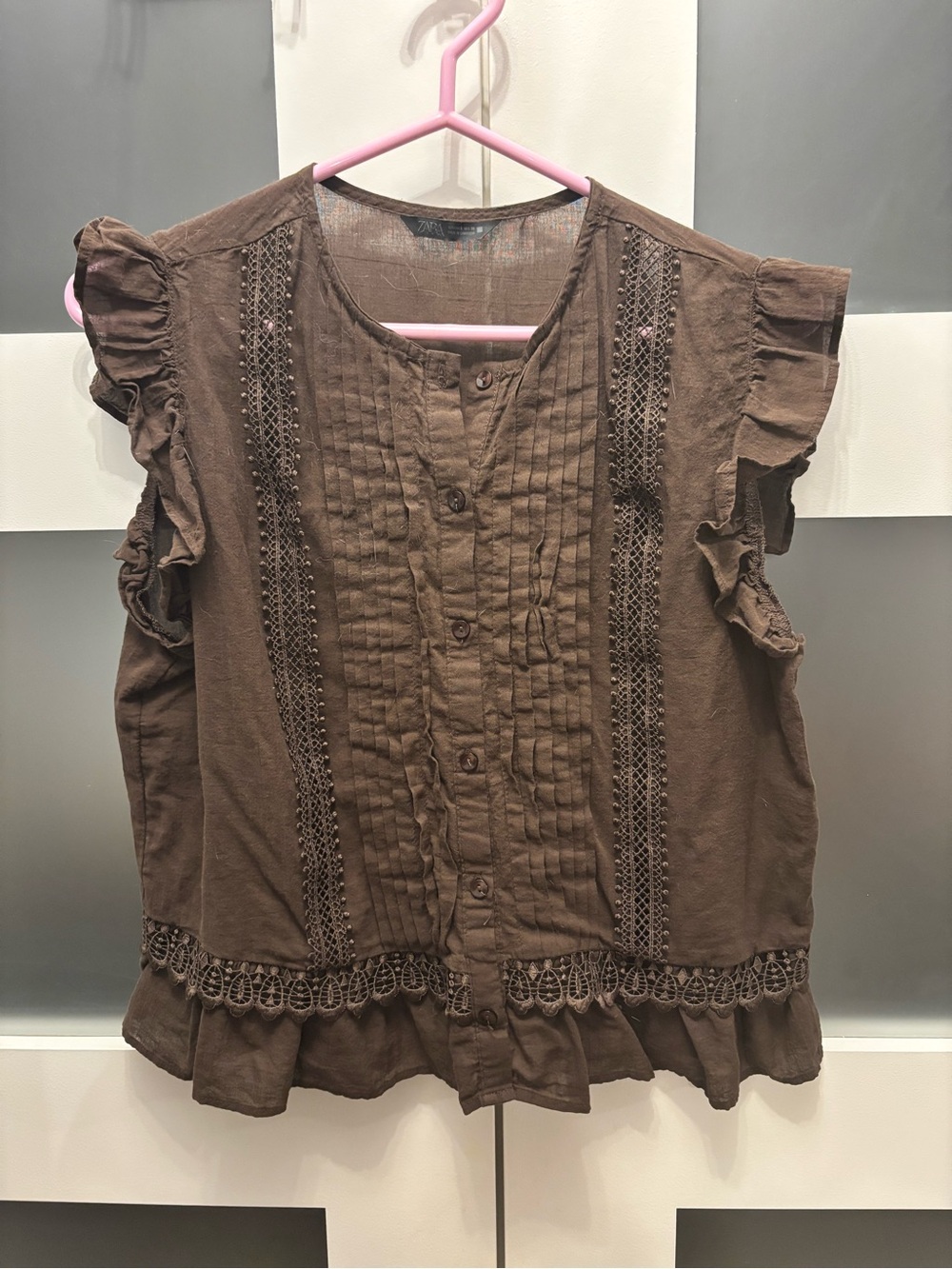 Zara Brown Lace-Trim Ruffle Button-Front Blouse
